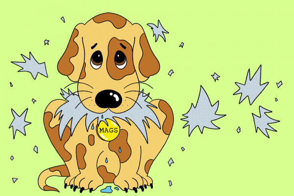 Illustration of a guilty-looking dog covered in paper shreds with a collar that says "Mags"