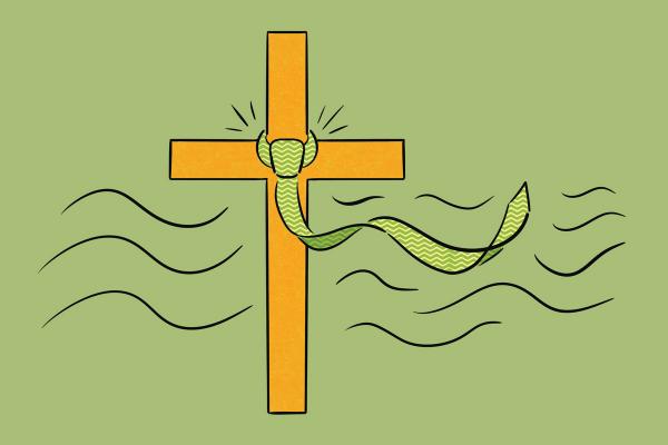 An illustration of a gold cross with a light green dress tie just above the horizontal arms. It blows in the wind against a gray-green backdrop.
