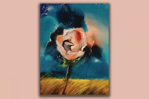 Illustration of a single, large rose caught in a storm in a wheat field