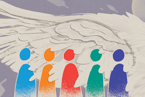 Illustration of a white feathery wing enveloping different colored people figures