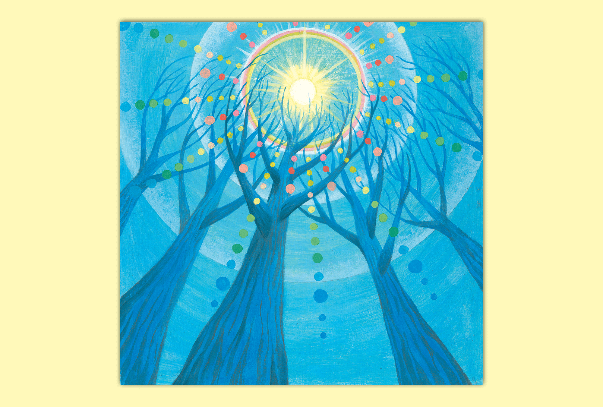 Illustration of blue trees against a blue sky and yellow sun.
